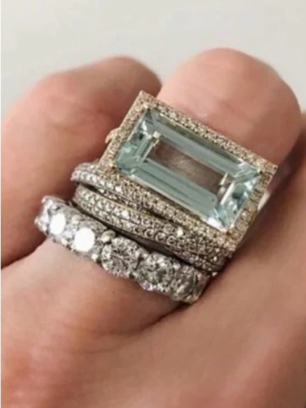 Stacked Silver Rings with Aquamarine Centerpiece - Women Jewelry